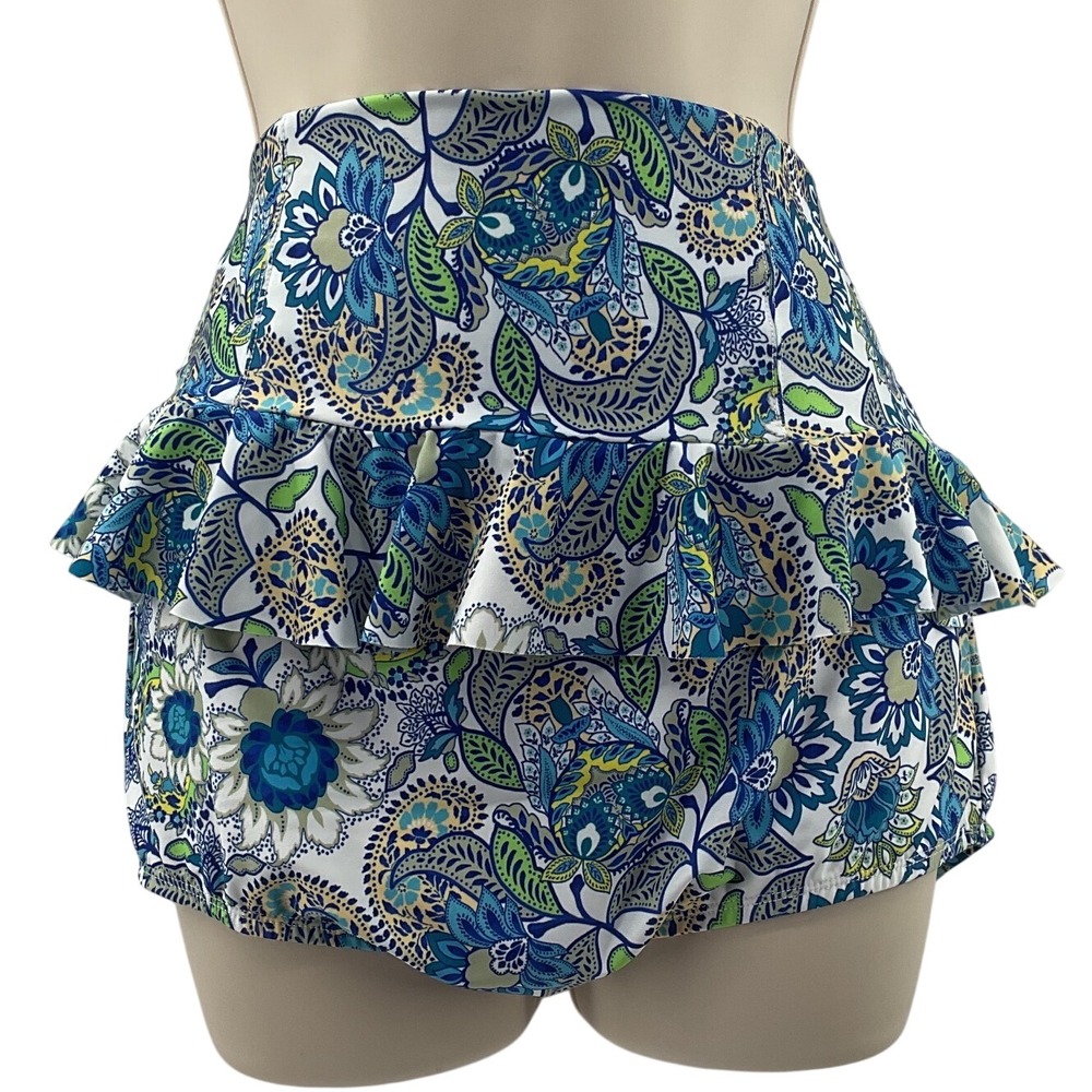Sea‎ Angel High Waisted Ruffle Bikini Bottom Blue Green Paisley Floral Large NEW